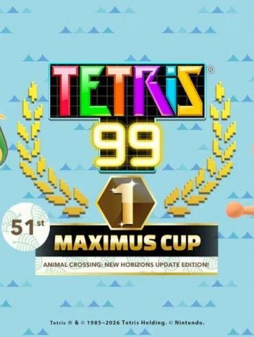 Schermata promozionale evento Tetris 99 con Tom Nook e Fuffi di Animal Crossing New Horizons.