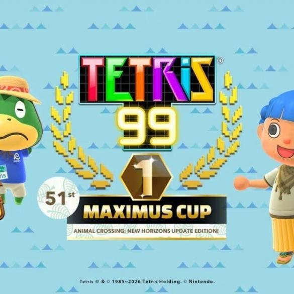 Schermata promozionale evento Tetris 99 con Tom Nook e Fuffi di Animal Crossing New Horizons.