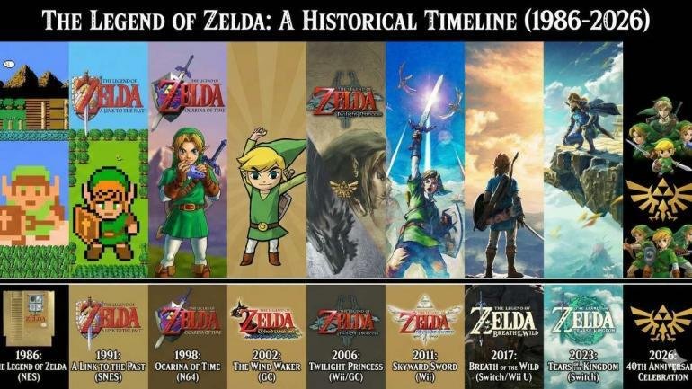 Un collage artistico che mostra l'evoluzione di Link, dal pixel art del 1986 al modello realistico del 2026, con il logo del 40esimo anniversario.