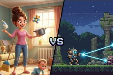 Confronto uscite Switch del giorno: a sinistra il gestionale Mom Life Simulator, a destra il platform retro M.A.U.S.