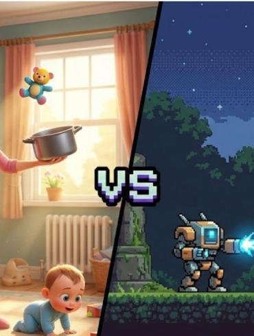 Confronto uscite Switch del giorno: a sinistra il gestionale Mom Life Simulator, a destra il platform retro M.A.U.S.
