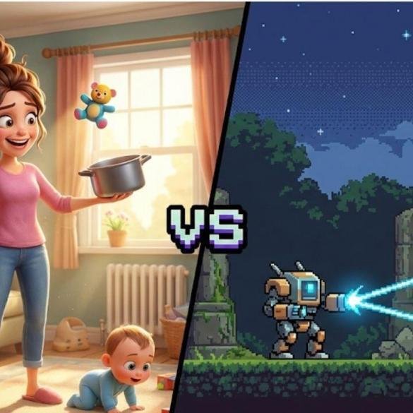 Confronto uscite Switch del giorno: a sinistra il gestionale Mom Life Simulator, a destra il platform retro M.A.U.S.