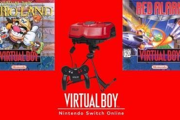 Una composizione grafica che mostra il visore Virtual Boy sullo sfondo e le copertine di Virtual Boy Wario Land e Red Alarm in primo piano, con il logo Nintendo Switch Online.