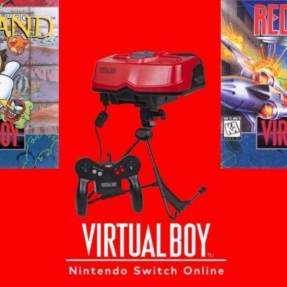 Una composizione grafica che mostra il visore Virtual Boy sullo sfondo e le copertine di Virtual Boy Wario Land e Red Alarm in primo piano, con il logo Nintendo Switch Online.