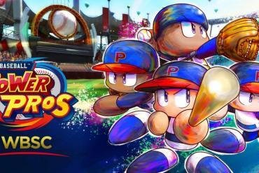 I personaggi in stile "Power Pros" di WBSC eBASEBALL su un campo da baseball, con il logo del gioco in sovrimpressione.