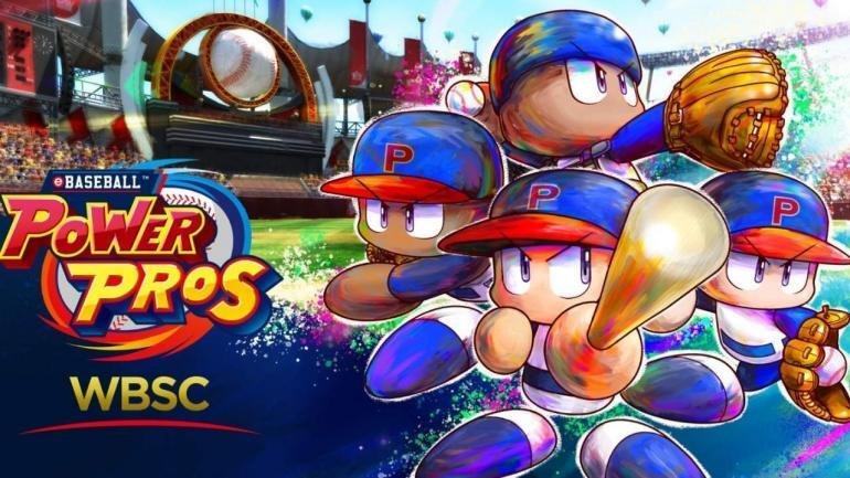 I personaggi in stile "Power Pros" di WBSC eBASEBALL su un campo da baseball, con il logo del gioco in sovrimpressione.