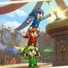 I tre Link colorati (Verde, Rosso e Blu) impilati nella formazione Totem nel gioco Zelda Tri Force Heroes.