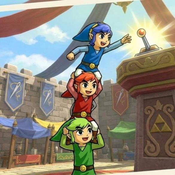 I tre Link colorati (Verde, Rosso e Blu) impilati nella formazione Totem nel gioco Zelda Tri Force Heroes.