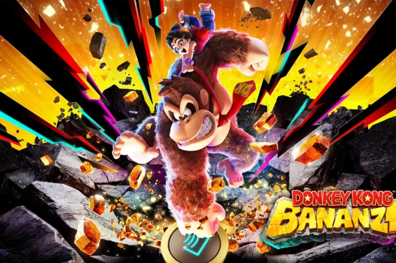 Donkey Kong Bananza che con un pugno preme il pulsante GameShare