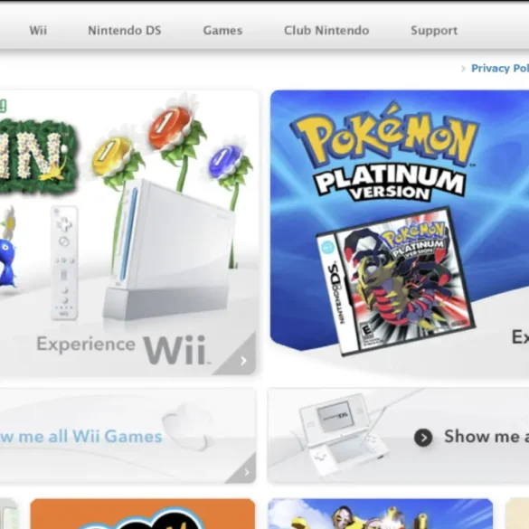 Screenshot della home page di Nintendo.com nel marzo 2009 con banner di Pikmin e Pokémon Platino.