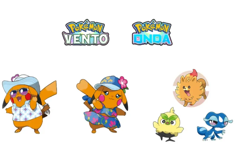 Artwork ufficiale di Browt, Pombon e Gecqua, i nuovi starter di Pokémon Vento e Onda per Nintendo Switch 2