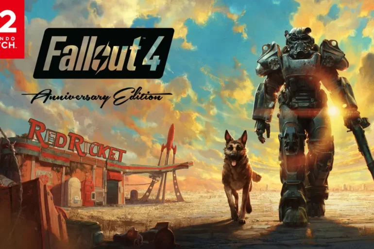 Fallout 4 Anniversary Edition per Nintendo Switch 2 con protagonista e armatura atomica.