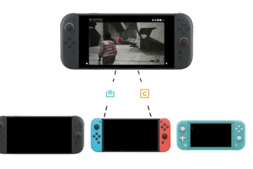 Infografica del collegamento delle console con GameShare su Nintendo Switch 2, visione di Tokyo Scramble con focus sulla funzione GameChat.