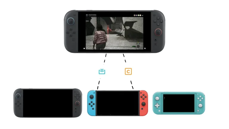 Infografica del collegamento delle console con GameShare su Nintendo Switch 2, visione di Tokyo Scramble con focus sulla funzione GameChat.