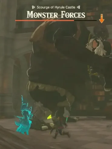 Link affronta un Hinox Nero nel Castello di Hyrule in Zelda: Tears of the Kingdom.