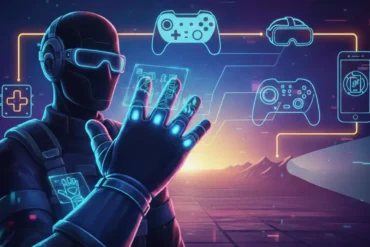 Illustrazione digitale in stile cyber-punk che mostra un utente con un guanto tecnologico e icone olografiche di controller, visori VR e dispositivi mobile, a simboleggiare l'impatto dei brevetti Nintendo sull'industria.