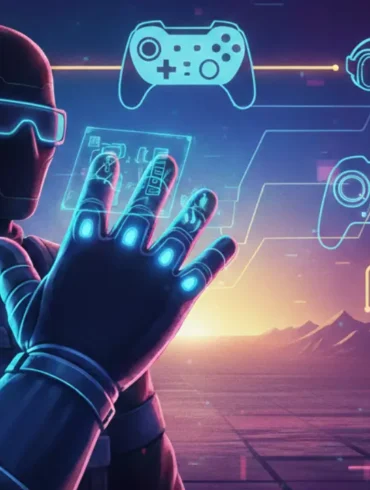 Illustrazione digitale in stile cyber-punk che mostra un utente con un guanto tecnologico e icone olografiche di controller, visori VR e dispositivi mobile, a simboleggiare l'impatto dei brevetti Nintendo sull'industria.