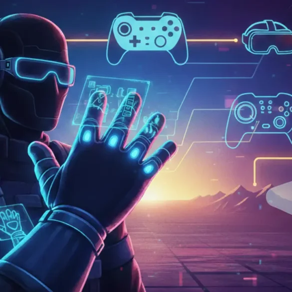 Illustrazione digitale in stile cyber-punk che mostra un utente con un guanto tecnologico e icone olografiche di controller, visori VR e dispositivi mobile, a simboleggiare l'impatto dei brevetti Nintendo sull'industria.