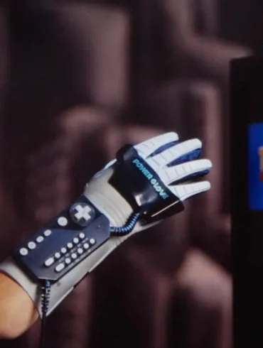 Un bambino gioca a Punch Out con il controller Power Glove per Nintendo NES mostrato con i suoi tasti programmabili e il design futuristico.