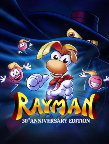 Rayman circondato dagli Electoons con l'ombra di Mr. Dark sullo sfondo per la 30th Anniversary Edition su Nintendo Switch.