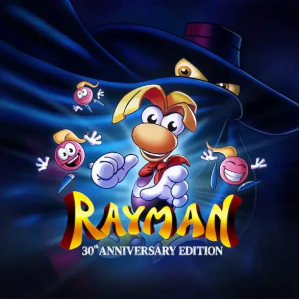 Rayman circondato dagli Electoons con l'ombra di Mr. Dark sullo sfondo per la 30th Anniversary Edition su Nintendo Switch.