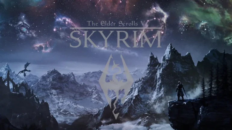 Sfondo di gioco di Skyrim con guerriero e drago.