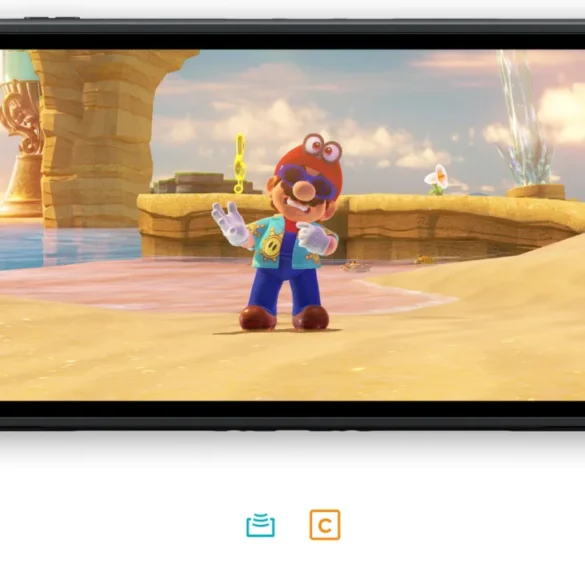 Schermata di gioco di Super Mario Odyssey su console Nintendo Switch 2 che mostra Mario nel Regno del Mare, con icone GameShare e pulsante C evidenziati per la modalità cooperativa.