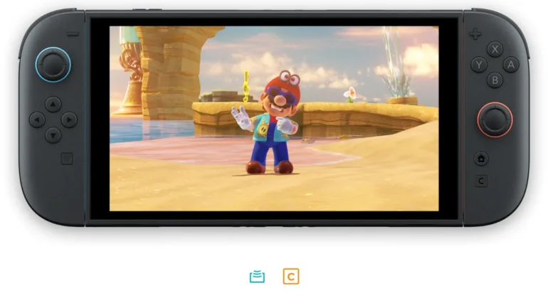 Schermata di gioco di Super Mario Odyssey su console Nintendo Switch 2 che mostra Mario nel Regno del Mare, con icone GameShare e pulsante C evidenziati per la modalità cooperativa.