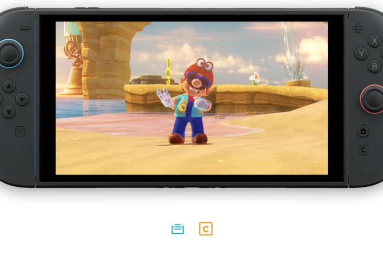 Schermata di gioco di Super Mario Odyssey su console Nintendo Switch 2 che mostra Mario nel Regno del Mare, con icone GameShare e pulsante C evidenziati per la modalità cooperativa.