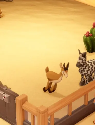 Schermata di gioco di Two Point Museum: Zooseo su Nintendo Switch 2 che mostra un habitat animale nel Parco Silverbottom.