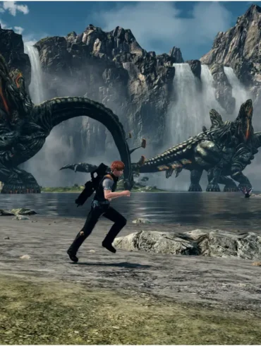 Screenshot di gameplay di Xenoblade Chronicles X: Definitive Edition su Nintendo Switch 2 che mostra il protagonista correre vicino a creature giganti e cascate sul pianeta Mira.