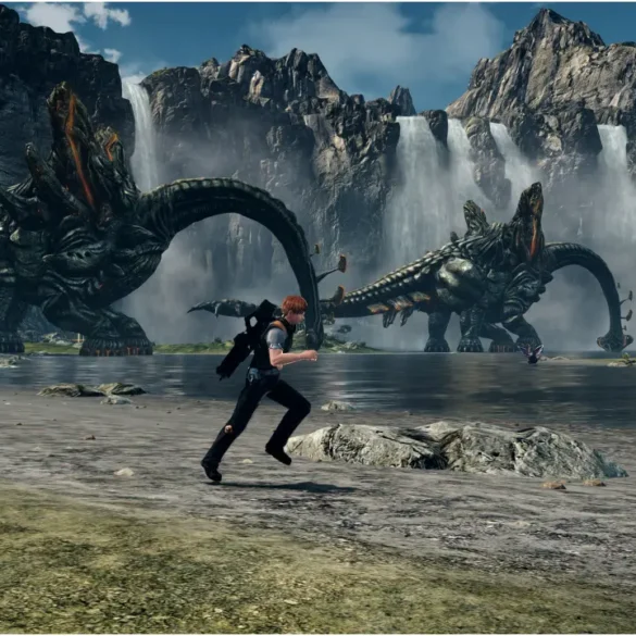 Screenshot di gameplay di Xenoblade Chronicles X: Definitive Edition su Nintendo Switch 2 che mostra il protagonista correre vicino a creature giganti e cascate sul pianeta Mira.