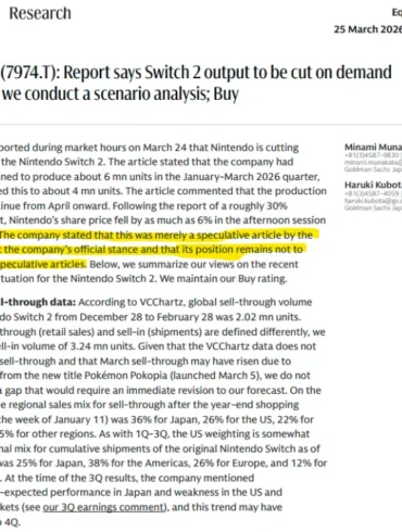 Goldman Sachs report Nintendo Switch 2 produzione taglio Bloomberg smentita marzo 2026