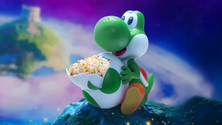 Super Mario Galaxy Il Film uscita cinema 2 aprile 2026 carte da collezione app Nintendo Today e secchiello Yoshi popcorn