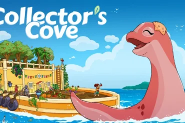 Collector's Cove su Nintendo Switch - Screenshot del gioco con dinosauro e fattoria galleggiante