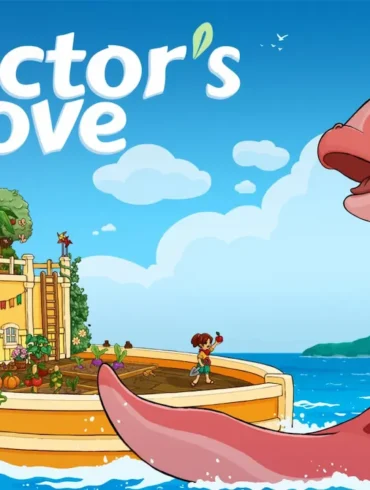 Collector's Cove su Nintendo Switch - Screenshot del gioco con dinosauro e fattoria galleggiante
