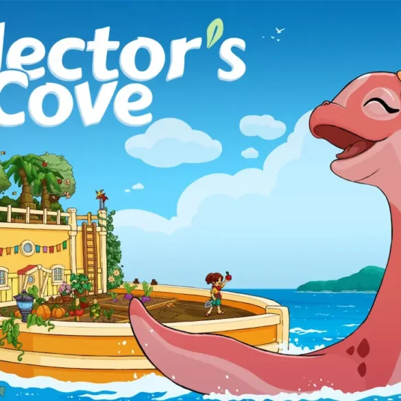 Collector's Cove su Nintendo Switch - Screenshot del gioco con dinosauro e fattoria galleggiante