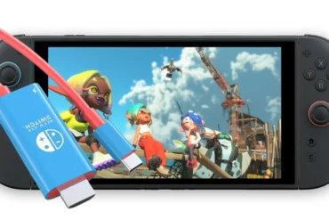 Console Nintendo Switch 2 collegata alla TV utilizzando un cavo adattatore USB-C a HDMI portatile azzurro e rosso, sostituendo il dock ufficiale.