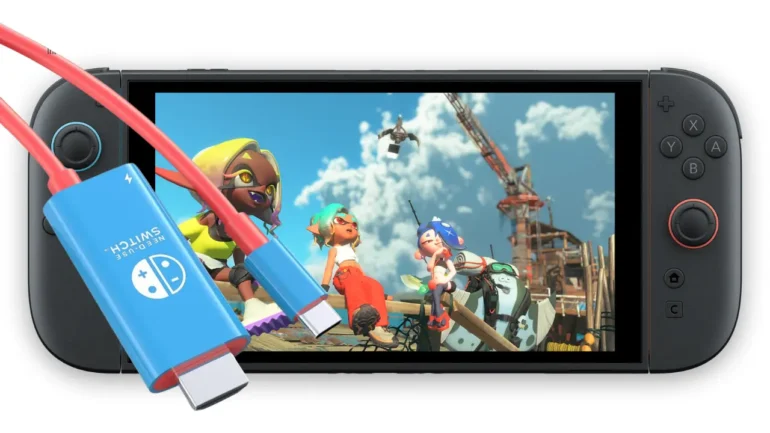 Console Nintendo Switch 2 collegata alla TV utilizzando un cavo adattatore USB-C a HDMI portatile azzurro e rosso, sostituendo il dock ufficiale.