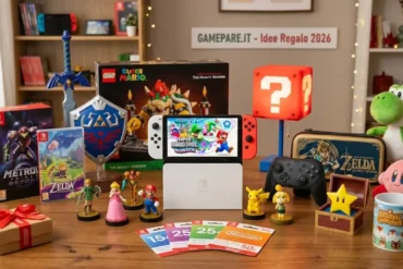 Collezione di idee regalo per fan Nintendo nel 2026: console Nintendo Switch, set LEGO Super Mario, controller Pro, Amiibo e gadget di Zelda su un tavolo in legno.