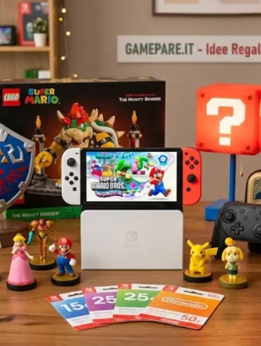 Collezione di idee regalo per fan Nintendo nel 2026: console Nintendo Switch, set LEGO Super Mario, controller Pro, Amiibo e gadget di Zelda su un tavolo in legno.