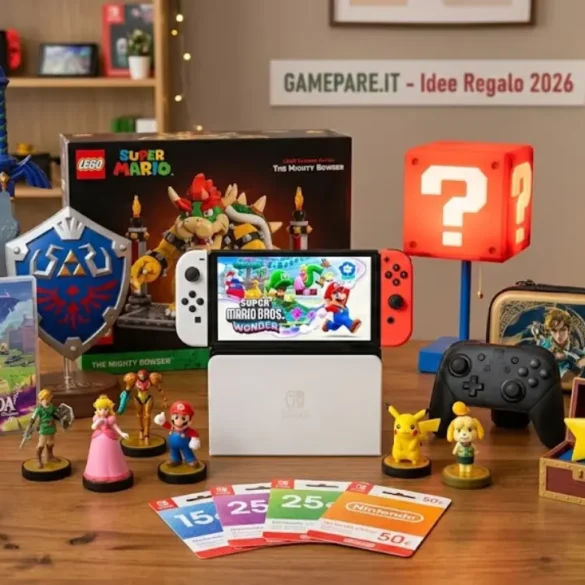 Collezione di idee regalo per fan Nintendo nel 2026: console Nintendo Switch, set LEGO Super Mario, controller Pro, Amiibo e gadget di Zelda su un tavolo in legno.