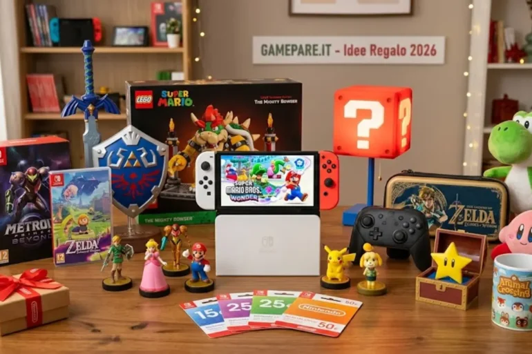 Collezione di idee regalo per fan Nintendo nel 2026: console Nintendo Switch, set LEGO Super Mario, controller Pro, Amiibo e gadget di Zelda su un tavolo in legno.