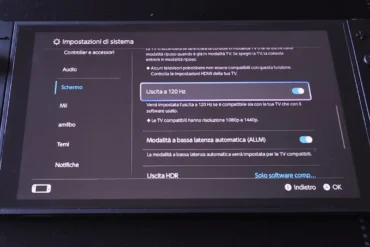 Schermata impostazioni schermo Nintendo Switch 2 uscita 120 Hz e HDR.
