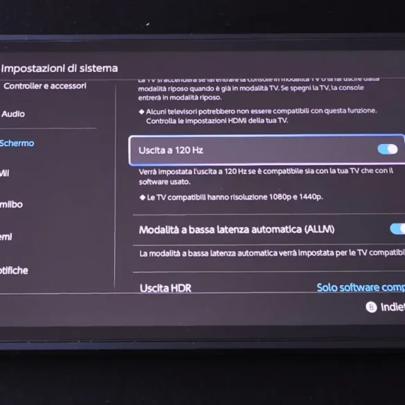 Schermata impostazioni schermo Nintendo Switch 2 uscita 120 Hz e HDR.