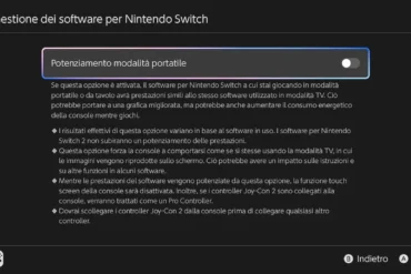 Menu impostazioni Nintendo Switch 2 con opzione Potenziamento modalità portatile evidenziata