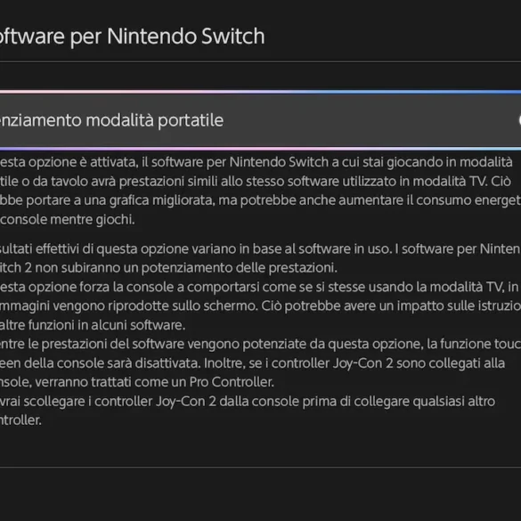 Menu impostazioni Nintendo Switch 2 con opzione Potenziamento modalità portatile evidenziata