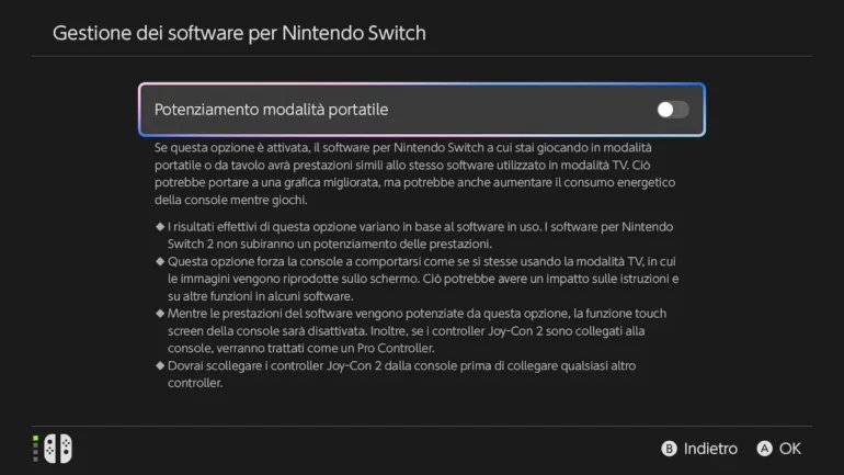 Menu impostazioni Nintendo Switch 2 con opzione Potenziamento modalità portatile evidenziata