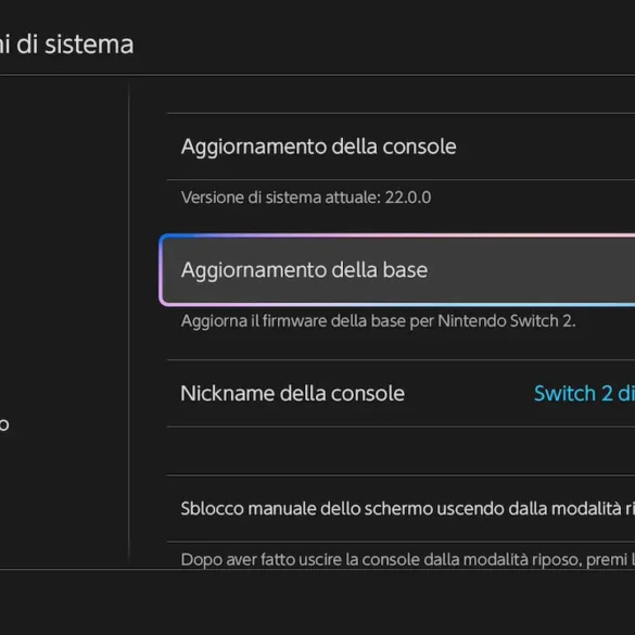 Schermata aggiornamento Nintendo Switch 22.0.0 NintendoOS con nuove funzionalità