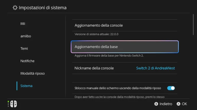 Schermata aggiornamento Nintendo Switch 22.0.0 NintendoOS con nuove funzionalità